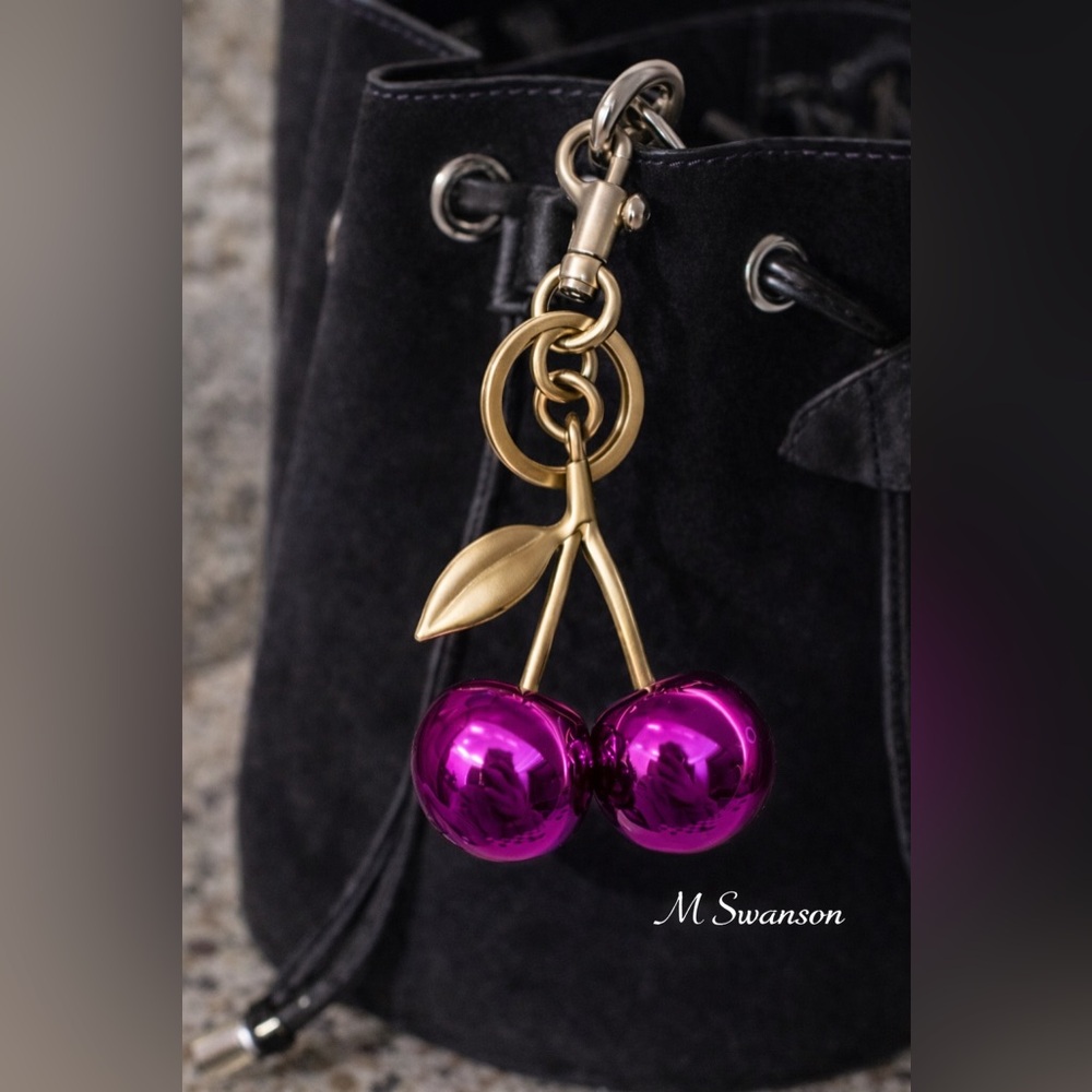 Fuchsia Pink Metallic Cherry Bag Charm Keychain | Gold tone Hardware NWT - Picture 2 of 3